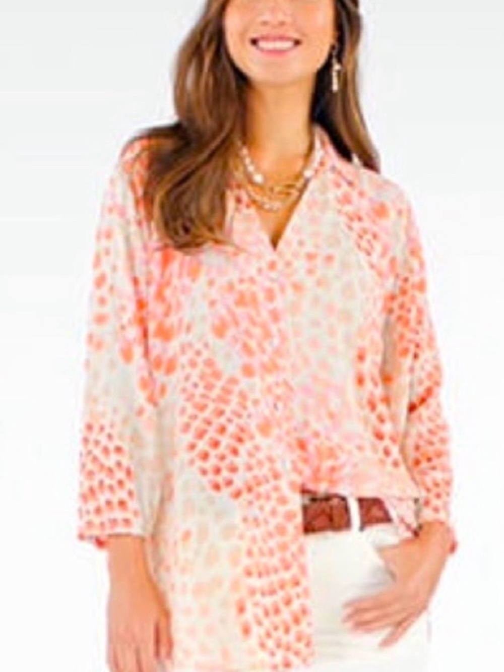 Cabi Coral & Cream Printed Button-Front Women's Top- Size XS